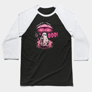 Funny Hand Drawing of a Halloween Ghost Holding a Pink Umbrella Baseball T-Shirt